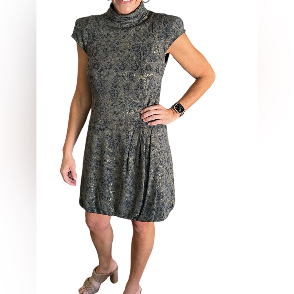 Nanette Lepore Gray Black w/ Gold Floral Cap Sleeve Sheath Party Cocktail Dress